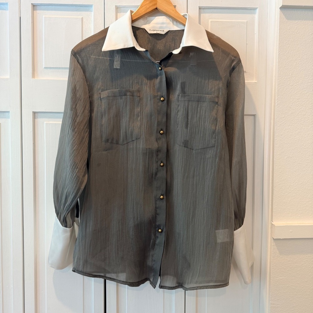 Academia Gray Sheer Crinkle Button Down Blouse White Contrast Collar Cuffs Small